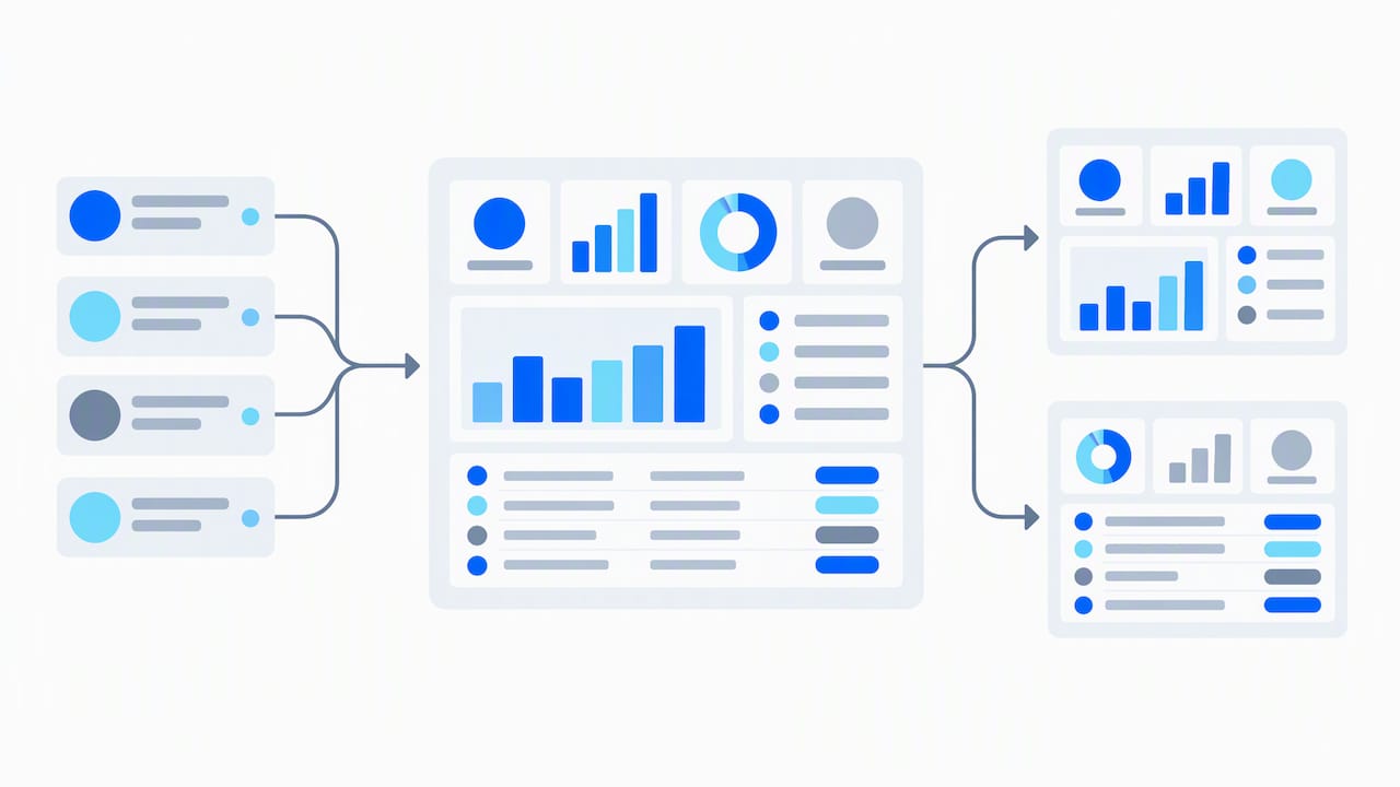 Shared CRM data branching into tailored dashboards