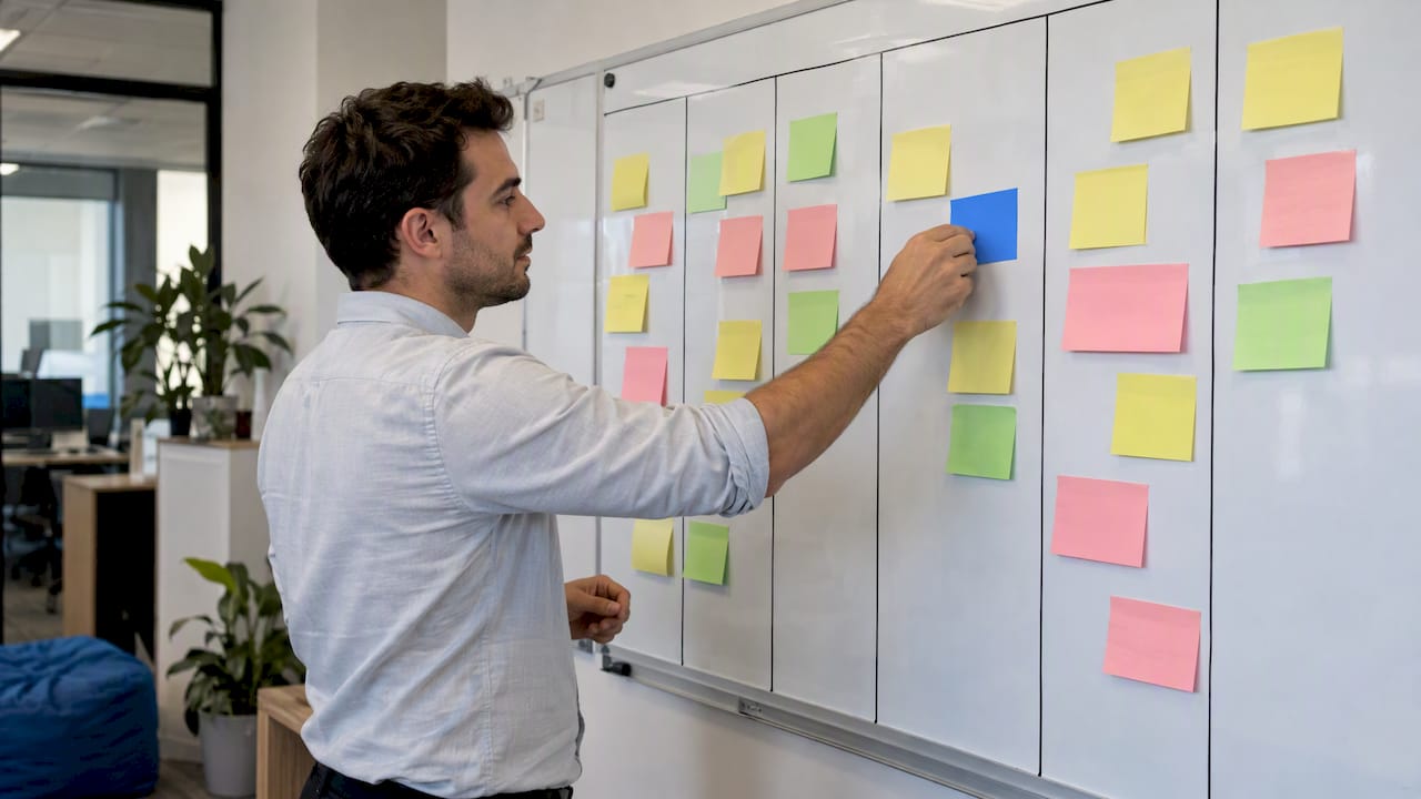 Sales representative moving a deal card across board