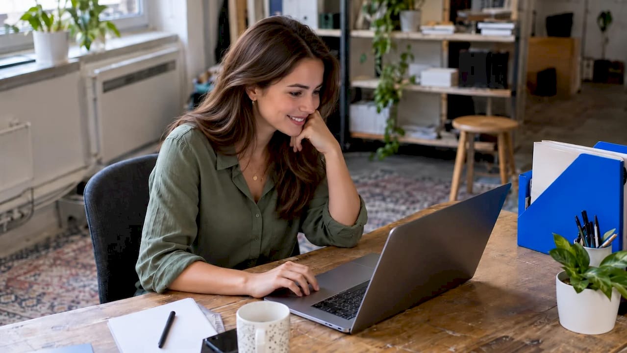 Young blond businesswoman reviewing CRM options