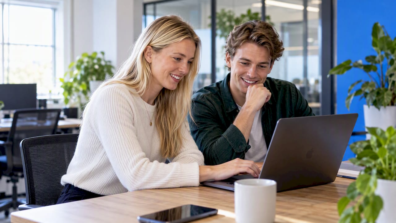 Business owners reviewing Airtable on a laptop