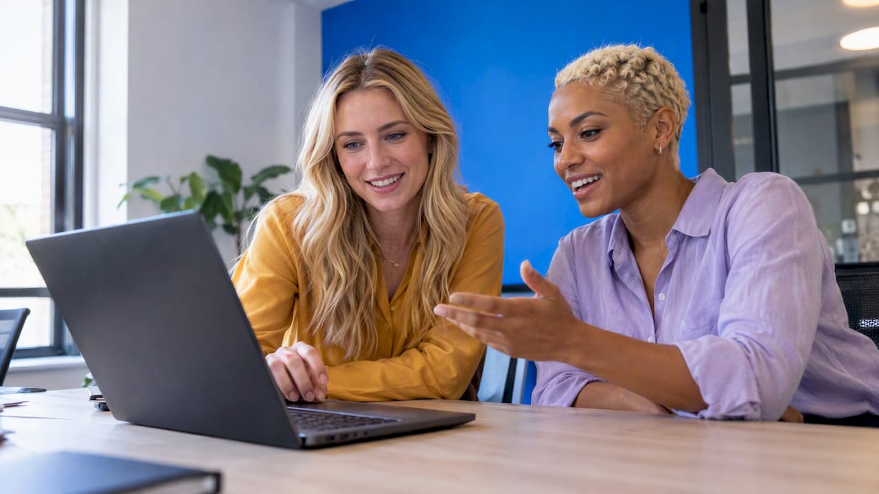 Blond colleagues compare custom CRM options