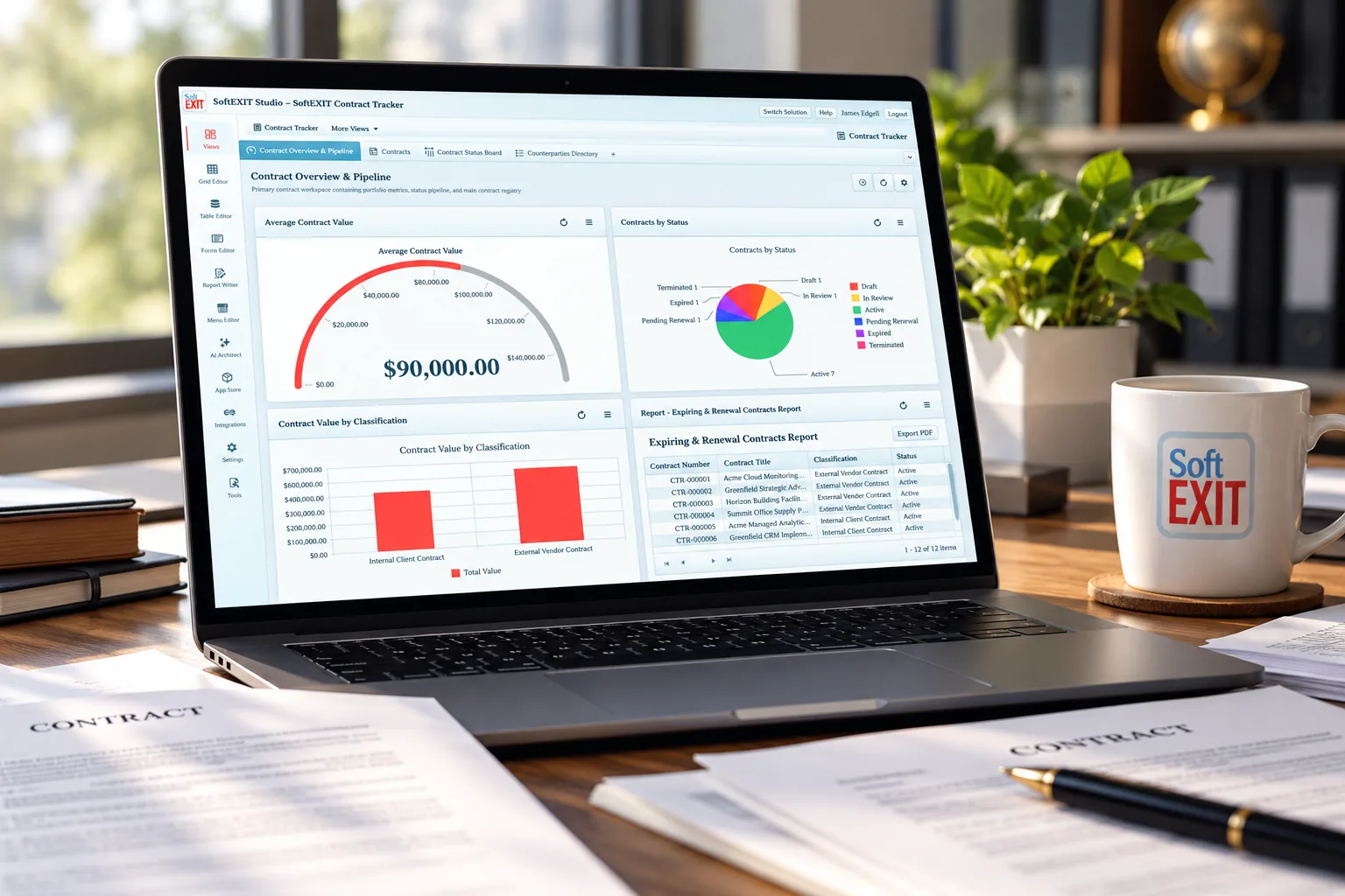 SoftEXIT Contract Tracker on a laptop