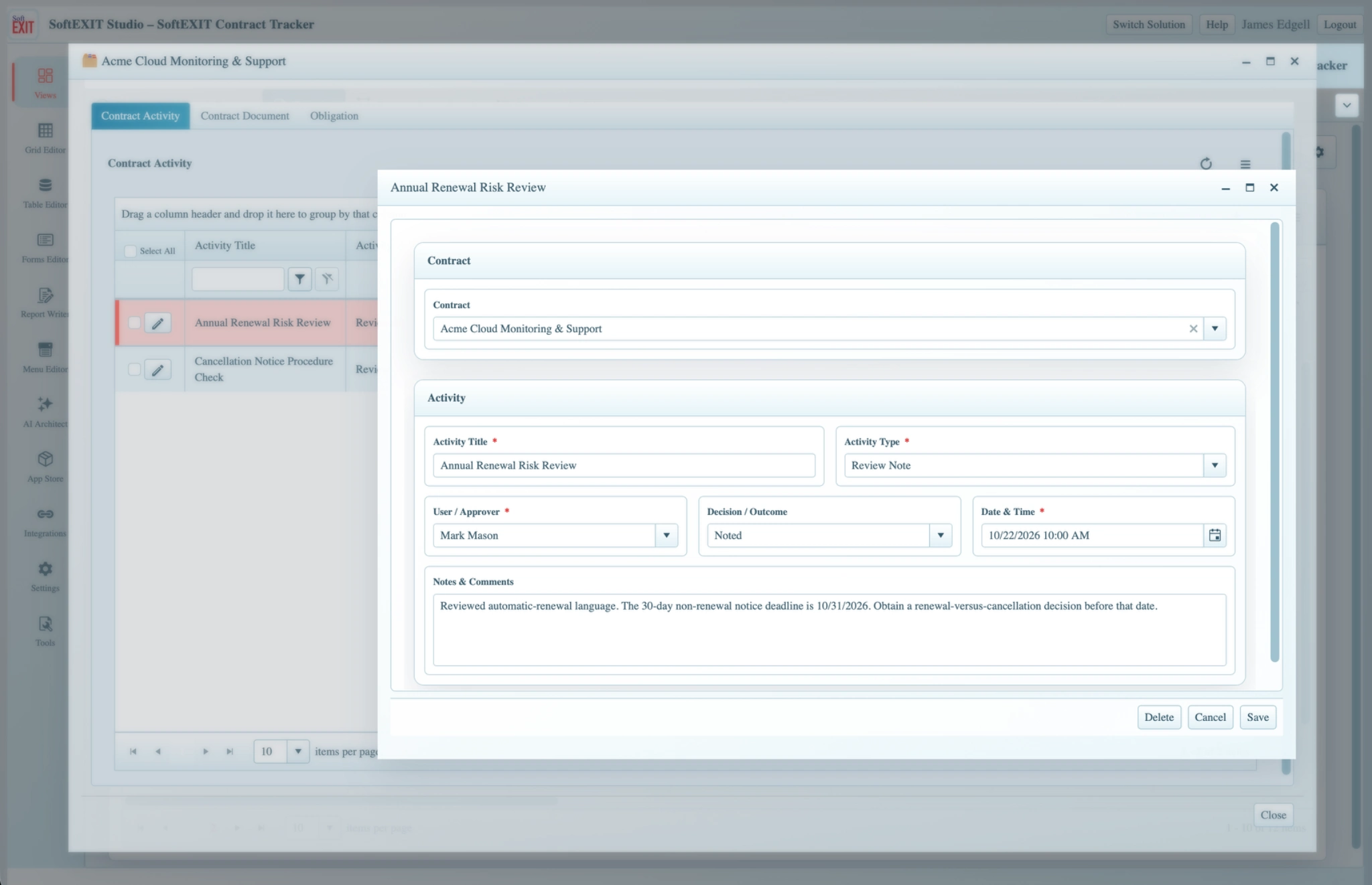 Contract Activities data input form