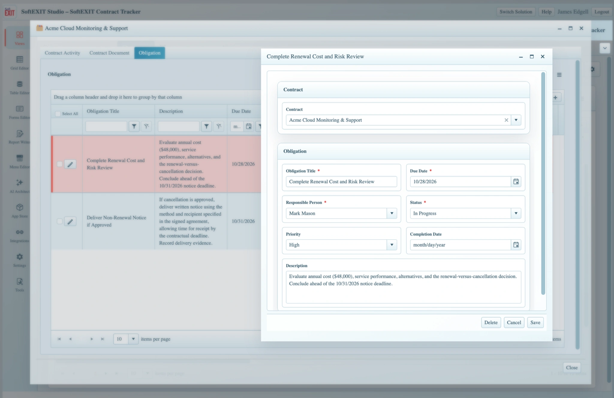 Contract obligation Data input form
