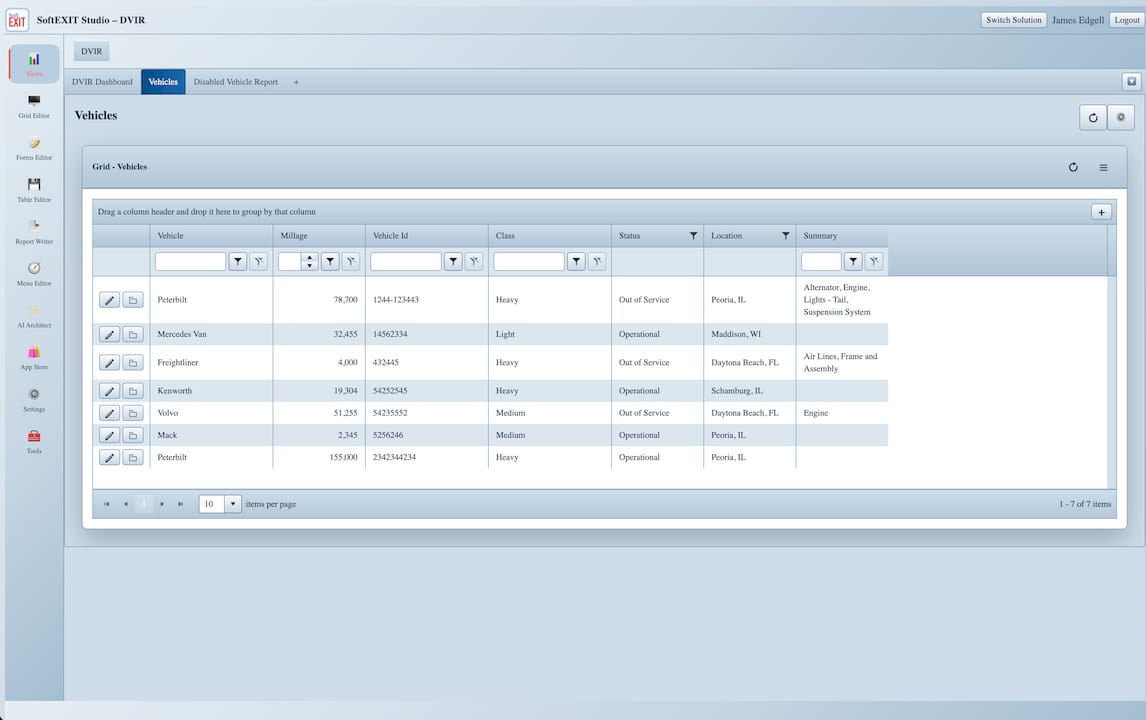 Showing DVIR Vehicles data grid